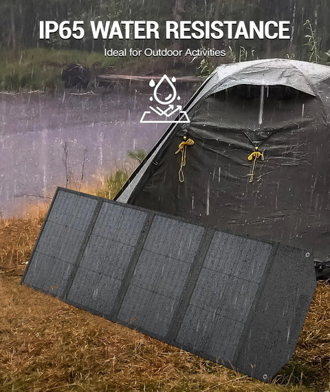 120W Portable Solar Panel Charger With PD45W QC3.0 Fast Charge USB C And USB A Outputs in rain, near tent showing water resistance
