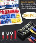 Insulated Wire Crimp Connectors Assortment Kit with Ring, Spade, Butt, and Quick Disconnect Terminals, 280 pcs multicolored.
