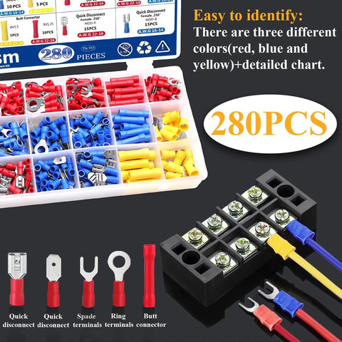 Insulated Wire Crimp Connectors Assortment Kit with Ring, Spade, Butt, and Quick Disconnect Terminals, 280 pcs multicolored.