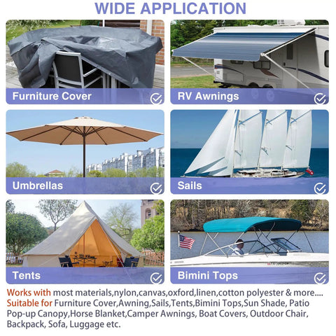 Heavy Duty Waterproof Canvas Repair Patches 9x11 Inch 3 Pack Self Adhesive Fabric Tape For Tents Boats And Patio That Sticks Like Glue Built To Last Black applied to various outdoor gear like RV awnings, umbrellas, and tents.