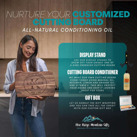 Personalized wooden cutting board with monogram engraving and natural finish; includes display stand, gift box, and oil
