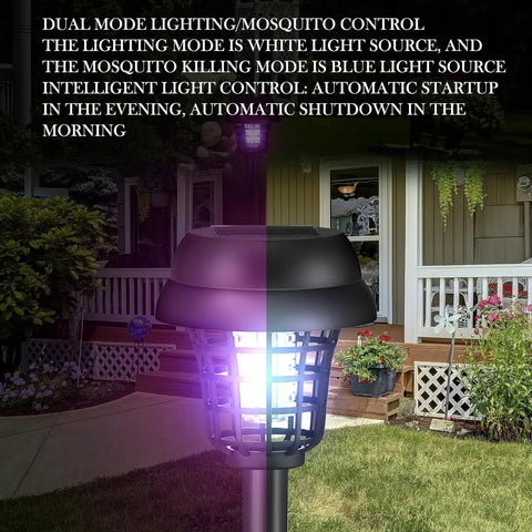 Solar Powered Outdoor Bug Zapper For Yard And Patio, Waterproof Mosquito Killer Lamp glowing in a garden pathway at night