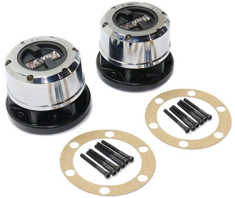Locking Hub Set For Nissan Frontier 1998-2004, Pathfinder 1990-2004, Xterra 2000-2004, Pickup 1995-1997, 6 Stud Manual Locking Hubs With 28 Spline, Wheel Hub Assembly, Includes Gaskets And Bolts shown with two hubs, gaskets, and bolts