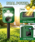 Solar Ultrasonic Animal Repeller 2 Pack With Motion Sensor And Flashing Lights Waterproof Outdoor Pest Deterrent For Deer Cats Dogs Raccoons Squirrels On Lawns Gardens Patios, solar and USB charging