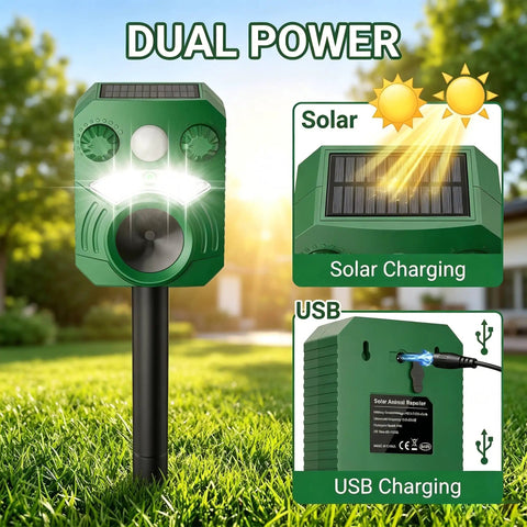 Solar Ultrasonic Animal Repeller 2 Pack With Motion Sensor And Flashing Lights Waterproof Outdoor Pest Deterrent For Deer Cats Dogs Raccoons Squirrels On Lawns Gardens Patios, solar and USB charging
