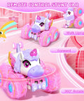 Unicorn RC Car For Girls 360 Degree Spin 4WD 2.4GHz Remote Control Toy With Lights And Music kids' stunt car in pink with LED lights.