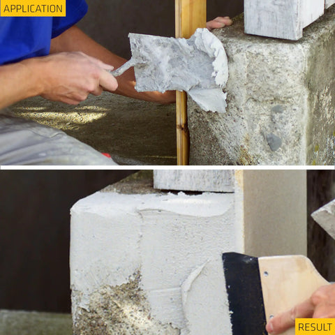 Application and result of Gray Ready Mix Concrete Patch For Spalls And Cracks In Concrete And Masonry Textured Finish Fast Dry Fix Up That Will Not Shrink Durable 1 Qt Pack Of 1 For Easy DIY Fixes on corner wall
