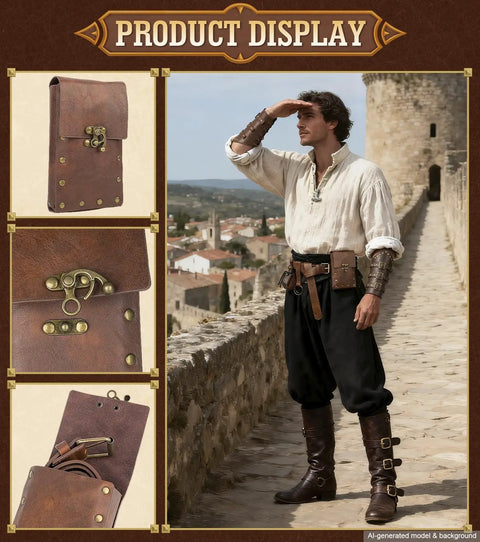 Top Shelf Medieval Adventurer Kit Beefy Leather Belt with Fitted Arm Bracers and Canvas Coin Purse in outdoor setting.