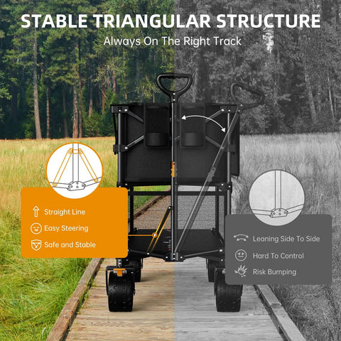 Side view of Extra Long Foldable 50 Inch Two Level Wagon With Big Wheels 400L Capacity Heavy Duty All Terrain Cart