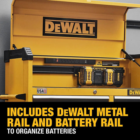 Open six-drawer 41-inch tool chest with DeWalt rail and battery system, durable metal construction for workshops and garages.