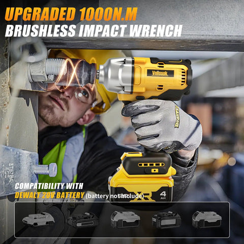 Grease Monkey Ready Brushless Cordless Impact Wrench 1/2 Inch High Torque 740 Ft Lbs shown in use with vehicle components.