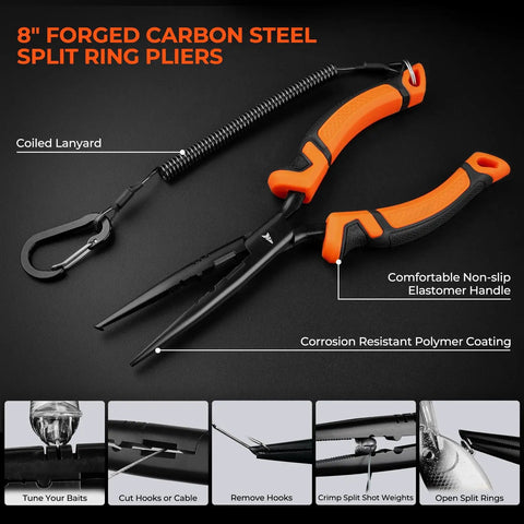 8 inch split ring pliers with elastomer handle in 7 Piece Fishing Tool Kit With Rechargeable 65Lb Digital Fish Scale, Lip Grip And Tape Measure.