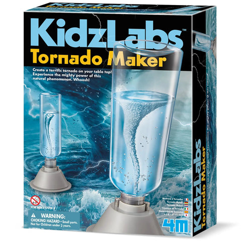 KidzLabs Tornado Maker Kit For Kids box showing tornado in a bottle illustration and kit assembly details