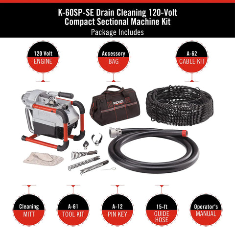 Sectional Sewer Machine With A61 Auger Tool Kit And A62 Drain Cable Kit For Heavy Duty Drain Cleaning Ultra Portable Compact Footprint Ideal Go To Gear For Rooftops Septic Trucks And Pro Contractors, 120V kit with hose and bag