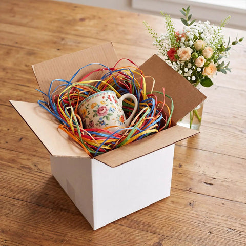 Pack Of 40 5x5x5 White Corrugated Shipping Boxes For Mailing And Packaging, open box with colorful shredded paper and mug