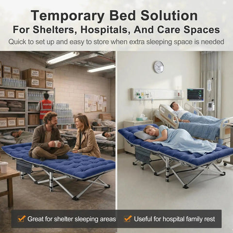 Beefy 28 Inch Wide Camping Cot For Adults, Heavy Duty 1200D Oxford Fabric, in use in shelter and hospital settings with detachable mat.