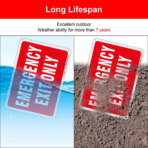 Badass 2 Pack 10X7 Emergency Exit Only Signs Heavy Duty Rust Free Aluminum shown underwater and in dirt for durability.