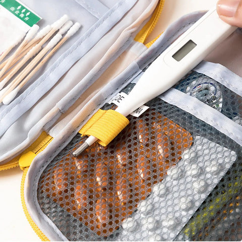 Must Have Emergency First Aid Bag Grab And Go Medical Kit with compartments and thermometer, nylon pouch detail