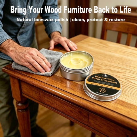 Premium Beeswax Wood Polish That Keeps Your Furniture Lookin Sharp And Ready For The Long Haul on a polished wood table.
