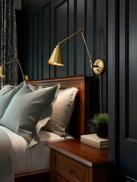 Ellis 18 Inch Vintage Industrial Swing Arm Wall Lamp With Adjustable Head Set Of Two Dope Modern Look Plug In Or Wall Mount Cord Covers Oil Rubbed Bronze Finish Conic Metal Shade For Living Room Bedroom over a bed in elegant setting.
