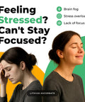 Two women showing stress relief, promoting Lithium Supplement 1 Mg Tablets For Calm, Focus And Mental Clarity, Non Drowsy Formula.