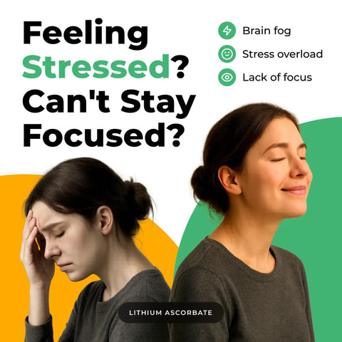 Two women showing stress relief, promoting Lithium Supplement 1 Mg Tablets For Calm, Focus And Mental Clarity, Non Drowsy Formula.
