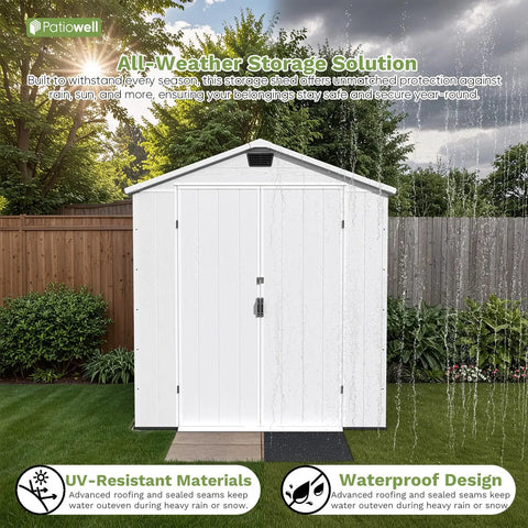 Resin Outdoor Storage Shed With Floor, Lockable Door And Window, Weather-Resistant 6X8 Ft Garden Shed with rain protection display