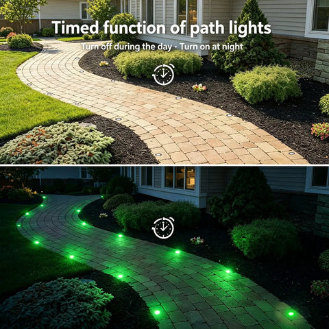 LED Deck Lights Kit 20 Pcs 1.22 Inch RGB Recessed Low Voltage Outdoor Deck And Stair Lights With WiFi App Control installed along a garden path showcasing daytime and nighttime views.