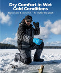 Waterproof Winter Work Gloves for Men and Women, ANSI A4 Cut Resistant, worn by a person fishing on ice, blue, Size M, 1 Pair.