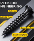 Close-up of All In One Self-Tapping Wood Screw Kit With Driver Bit 150 Pieces Size 6 By Half Inch showing black oxide finish and threads.