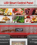 LED Smart Control Panel showcasing presets for fruits, meat, jerky, pet treats, herbs, and flowers on the Digital Food Dehydrator.