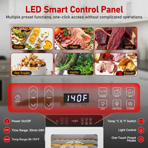LED Smart Control Panel showcasing presets for fruits, meat, jerky, pet treats, herbs, and flowers on the Digital Food Dehydrator.