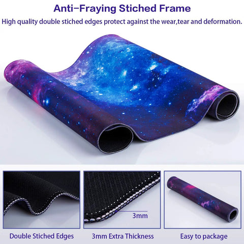 Huge Extended Gaming Mouse Pad Monster Size 31.5 By 15.7 Inches Full Desk Mat For Keyboard And Mouse Non Slip Rubber Base Ultra Wide Desk Pad For Gaming And Office Use, galaxy design, double-stitched edges, rolled view.