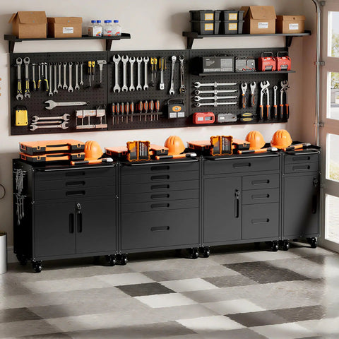 Heavy Duty Metal Rolling Tool Cabinet With Pegboard And 10 Hooks, Beefy Mechanics Tool Chest For Workshop, Basement Or Warehouse, Includes Workbench Liner, Black, with organized tools and helmets on top.