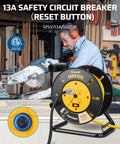 Heavy Duty Extension Cord Reel With Four Grounded Outlets Open Retractable Cord Winder in workshop setting