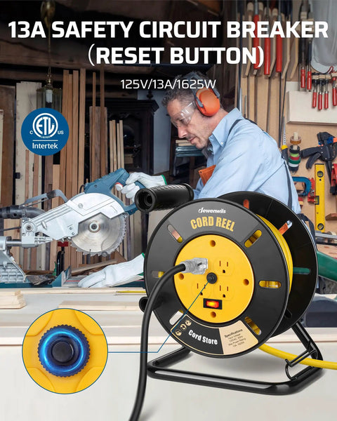 Heavy Duty Extension Cord Reel With Four Grounded Outlets Open Retractable Cord Winder in workshop setting