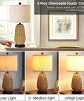 Rattan Style Table Lamps Set Of 2 With Touch Dimming 3 Way Brightness USB Ports And AC Outlet Nightstand Lamps