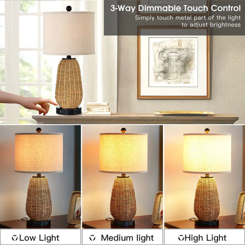 Rattan Style Table Lamps Set Of 2 With Touch Dimming 3 Way Brightness USB Ports And AC Outlet Nightstand Lamps
