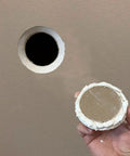 Drywall Repair Kit With Tapered Hole Saw And Two Plugs For Clean Flat Patches, plug ready to fit into a drilled wall hole