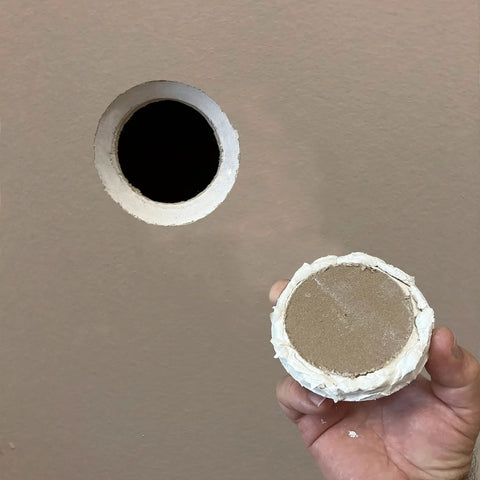 Drywall Repair Kit With Tapered Hole Saw And Two Plugs For Clean Flat Patches, plug ready to fit into a drilled wall hole