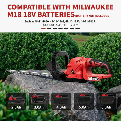 Cordless Hedge Trimmer With Swivel Handle and 52cm Dual-Action Blade on a rock, M18 Battery Compatible.