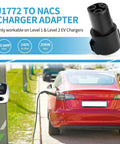 Smooth Operator J1772 To Tesla Charging Adapter 80 Amp 240 Volt Ac Converter connects Tesla to EV charger on a sunny street.
