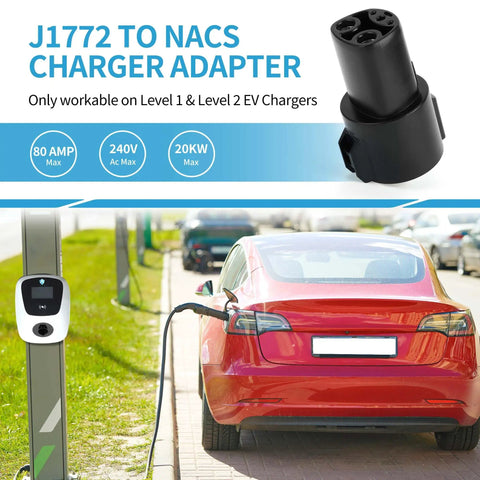 Smooth Operator J1772 To Tesla Charging Adapter 80 Amp 240 Volt Ac Converter connects Tesla to EV charger on a sunny street.