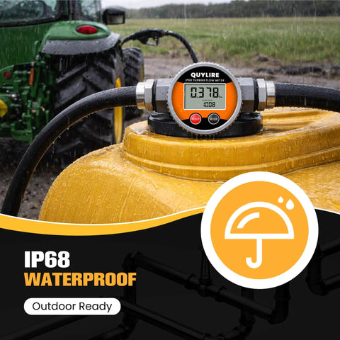 Rugged All Weather Outdoor Ready Waterproof 1 Inch Fuel Flow Meter With Three Quarters Inch NPT Adapter Digital Inline Flowmeter in use