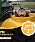 Waterproof Three Quarters Inch Inline Fuel Flow Meter With NPT Thread Digital Gauge in outdoor setting, IP68 ready
