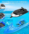 Waterproof design of 4 Pack Remote Control Boats For Kids And Adults, showing compartments and buckle for fast 2.4G RC boat.