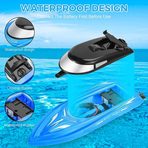 Waterproof design of 4 Pack Remote Control Boats For Kids And Adults, showing compartments and buckle for fast 2.4G RC boat.