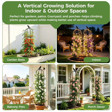 Space Saving Garden Obelisk Trellis For Climbing Plants Outdoor And Indoor Use, Rustproof Metal Plant Support shown in garden, porch, and balcony settings