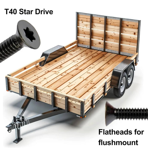 Ride Tough 5/16-18 By 2-1/2 Inch Trailer Deck Screws With T40 Torx Drive and Oil Phosphate Coating on wooden trailer.