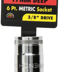Three Eighths Inch Drive Deep 17mm Metric Socket, 6 Point, packaging and chrome finish